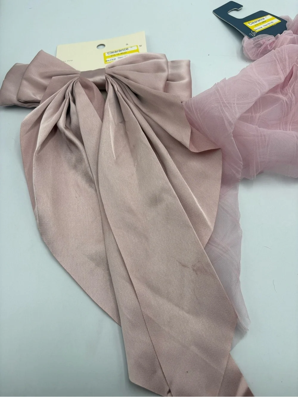 3 Pc Oversized Bow Hair Clip Lot Pink Satin Tulle Floral Long Tail Barrettes
